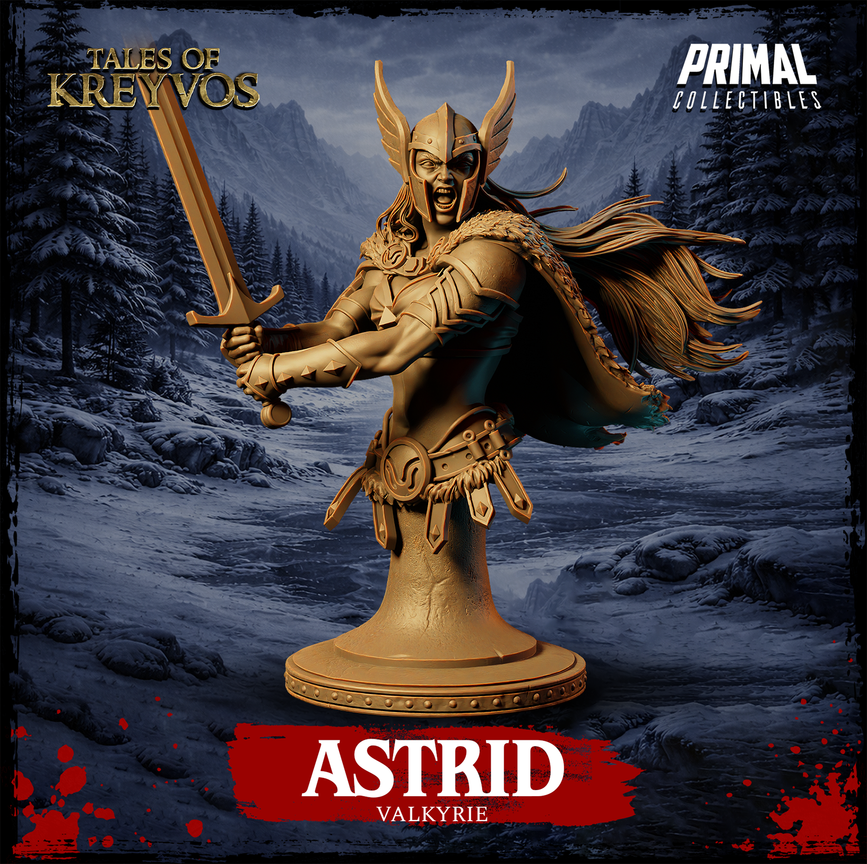 Front view of Astrid Valkyrie display bust — unpainted gold resin render showing winged helm, battle roar expression, sword thrust forward in two hands, feathered cloak, segmented belt and faulds, on a studded circular stone base. Snowy mountain backdrop.