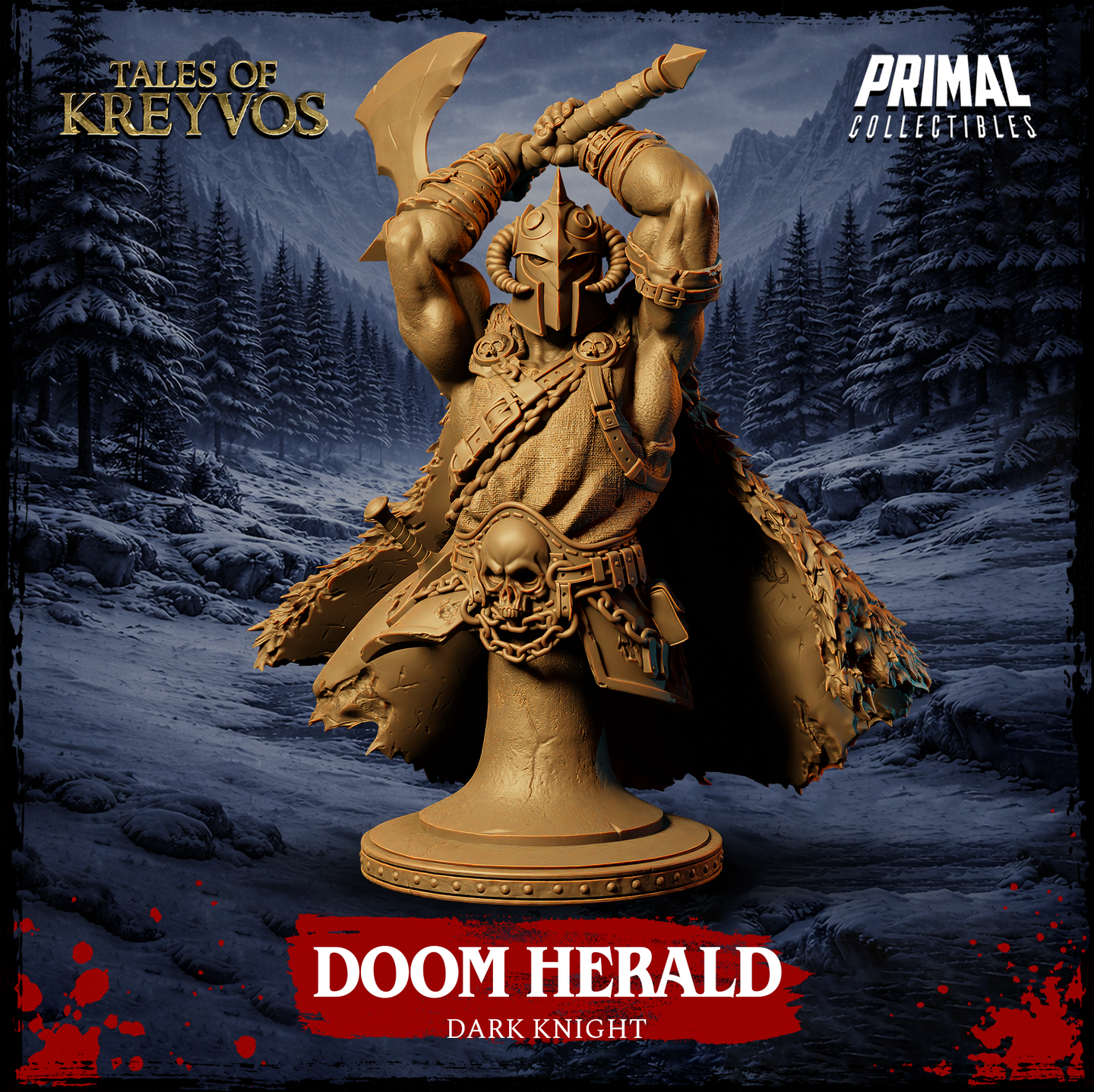 Front view of the Doom Herald Dark Knight display bust — digital render in tan resin showing a hulking armoured warrior with a crescent greataxe raised overhead, pointed horned helmet, skull-adorned belt, chain strapping across the chest, and a feathered cloak sweeping dramatically to the sides. Mounted on a solid column base. From Tales of Kreyvos by Primal Collectibles.