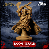 Front view of the Doom Herald Dark Knight display bust — digital render in tan resin showing a hulking armoured warrior with a crescent greataxe raised overhead, pointed horned helmet, skull-adorned belt, chain strapping across the chest, and a feathered cloak sweeping dramatically to the sides. Mounted on a solid column base. From Tales of Kreyvos by Primal Collectibles.