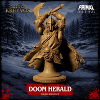 Front view of the Doom Herald Dark Knight display bust — digital render in tan resin showing a hulking armoured warrior with a crescent greataxe raised overhead, pointed horned helmet, skull-adorned belt, chain strapping across the chest, and a feathered cloak sweeping dramatically to the sides. Mounted on a solid column base. From Tales of Kreyvos by Primal Collectibles.
