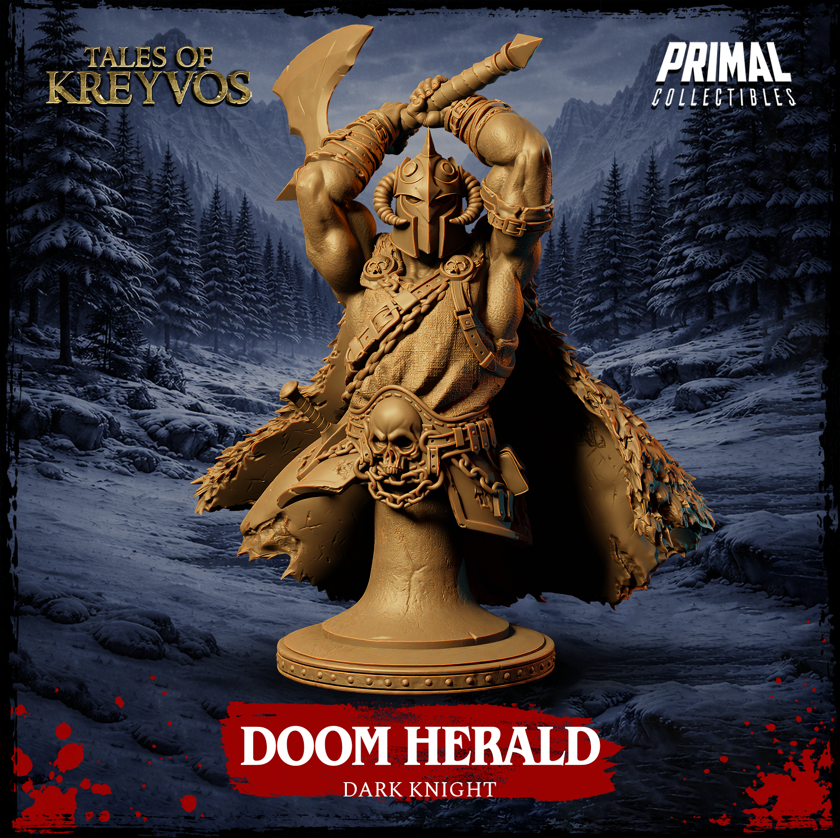 Front view of the Doom Herald Dark Knight display bust — digital render in tan resin showing a hulking armoured warrior with a crescent greataxe raised overhead, pointed horned helmet, skull-adorned belt, chain strapping across the chest, and a feathered cloak sweeping dramatically to the sides. Mounted on a solid column base. From Tales of Kreyvos by Primal Collectibles.