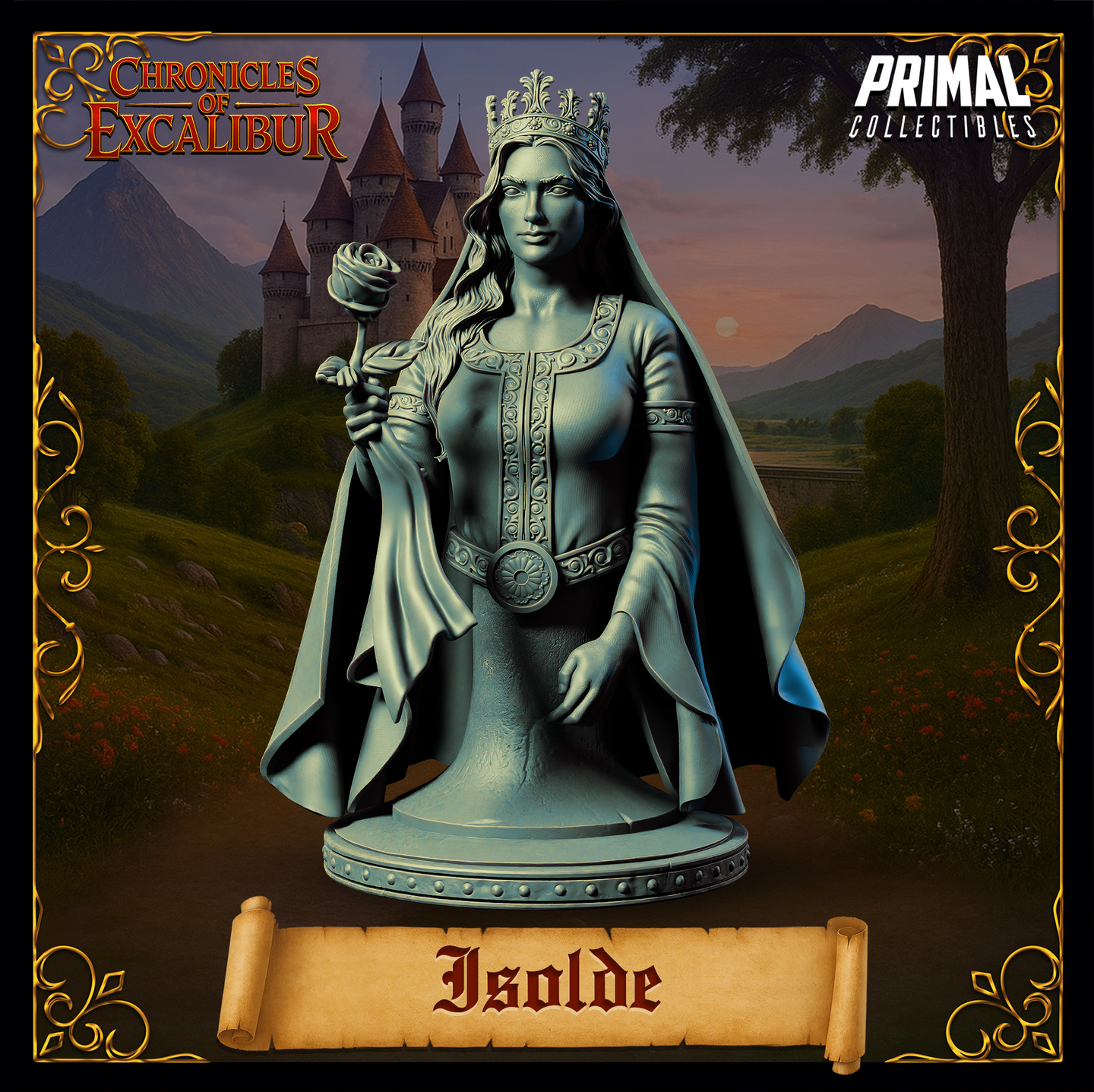 Front-facing digital render of the Isolde bust miniature from Chronicles of Excalibur — an unpainted grey resin queen wearing a filigree crown, embroidered gown with circular belt medallion, and a flowing cape, holding a stemmed rose in her right hand, set against a castle backdrop
