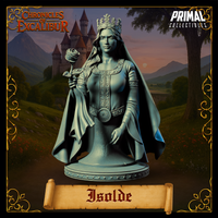 Front-facing digital render of the Isolde bust miniature from Chronicles of Excalibur — an unpainted grey resin queen wearing a filigree crown, embroidered gown with circular belt medallion, and a flowing cape, holding a stemmed rose in her right hand, set against a castle backdrop