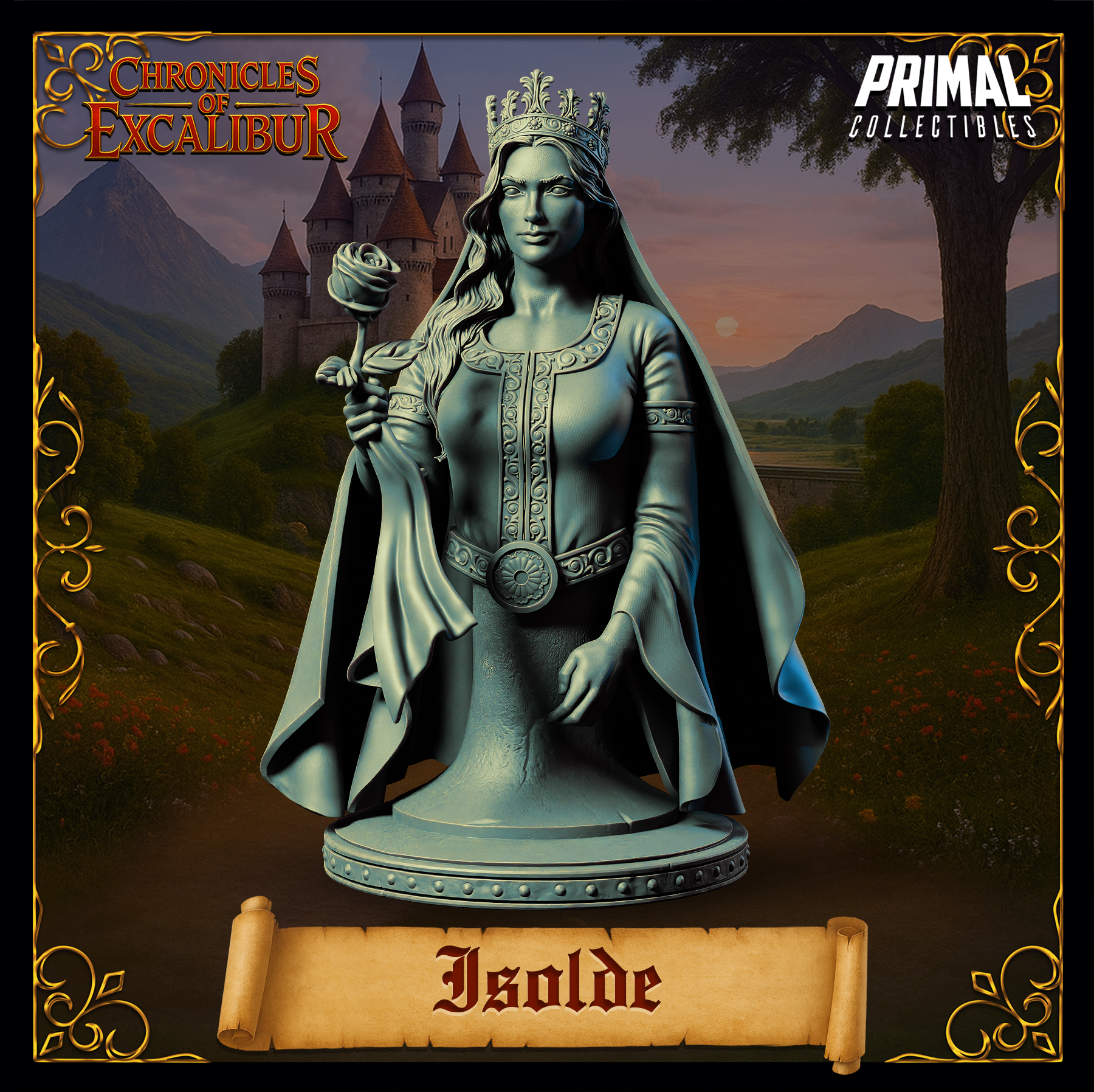 Front-facing digital render of the Isolde bust miniature from Chronicles of Excalibur — an unpainted grey resin queen wearing a filigree crown, embroidered gown with circular belt medallion, and a flowing cape, holding a stemmed rose in her right hand, set against a castle backdrop