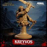 Kreyvos pirate bust by Primal Collectibles — broad-shouldered warrior mid-swing, raising a two-handed sword overhead with right hand, gripping a dagger low in left, snarling expression, wild long hair, open tattered coat, skull belt, decorative round base.