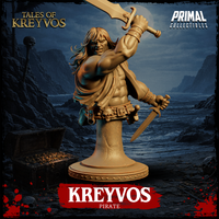 Kreyvos pirate bust by Primal Collectibles — broad-shouldered warrior mid-swing, raising a two-handed sword overhead with right hand, gripping a dagger low in left, snarling expression, wild long hair, open tattered coat, skull belt, decorative round base.