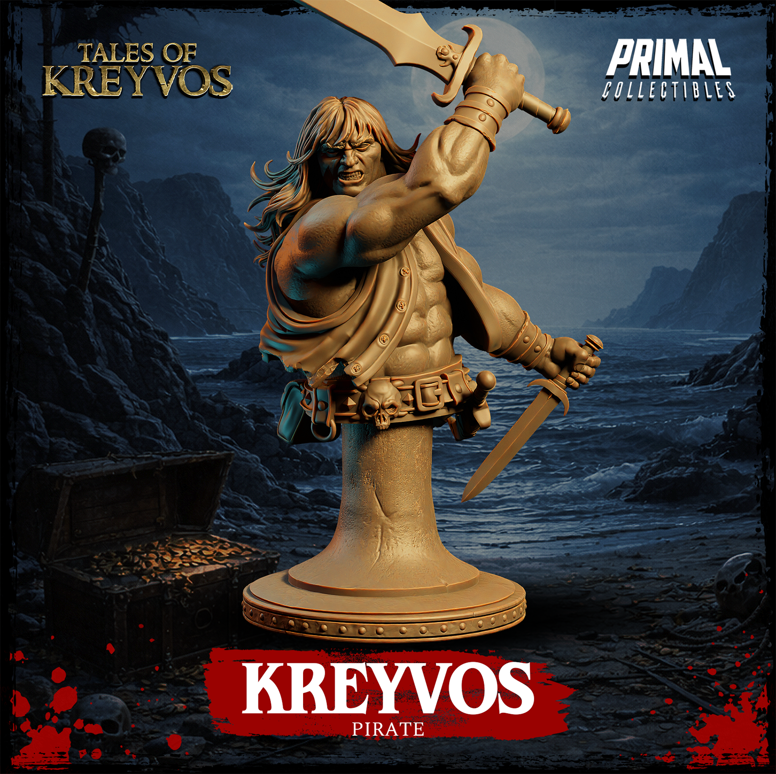 Kreyvos pirate bust by Primal Collectibles — broad-shouldered warrior mid-swing, raising a two-handed sword overhead with right hand, gripping a dagger low in left, snarling expression, wild long hair, open tattered coat, skull belt, decorative round base.