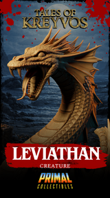 Leviathan miniature by Primal Collectibles, full silhouette showing the creature's height, rearing posture, serpentine form, and dramatic riveted wave base from a lower angle. By Primal Collectibles.