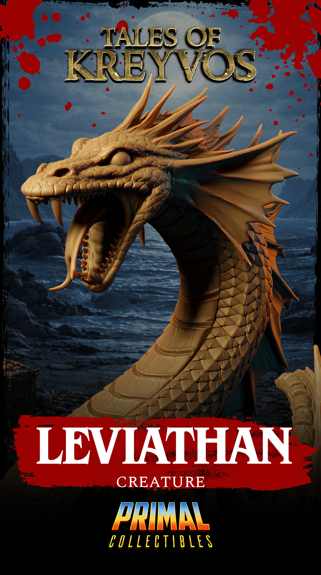 Leviathan miniature by Primal Collectibles, full silhouette showing the creature's height, rearing posture, serpentine form, and dramatic riveted wave base from a lower angle. By Primal Collectibles.