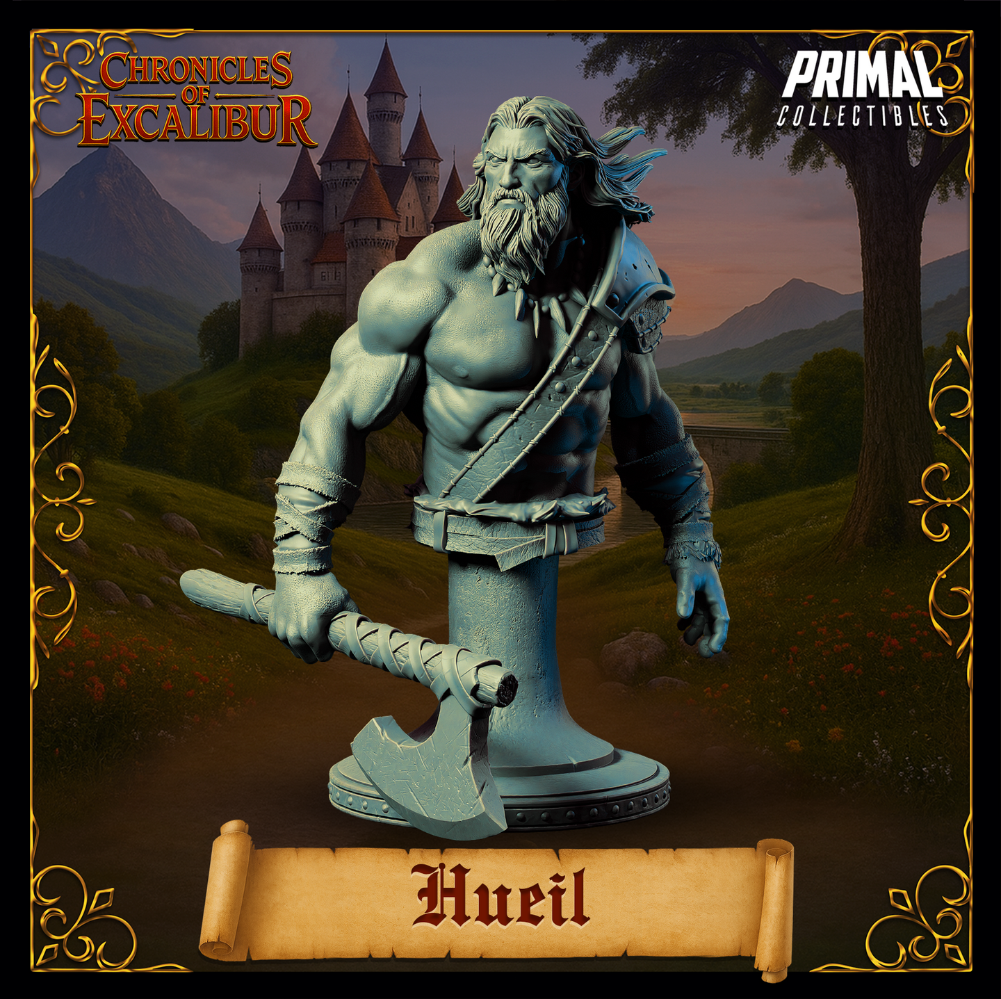 Front view of Hueil warrior bust — unpainted grey resin digital render showing a bare-chested bearded male warrior with windswept long hair, bone tooth necklace, crossed leather chest straps, wrapped forearms, and a heavy war axe held at his side, mounted on a sculpted plinth base