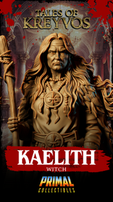 Wide framing of the full Kaelith the Witch sculpt on her decorative circular base, showing the complete silhouette of staff, lantern, flowing hair, and tattered hem. Sculpt by Primal Collectibles.
