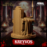 Rear view of Kreyvos revealing the back of his fur mantle, throne backrest detailing with recessed panel work, and the base rim with riveted border detail. Sculpt by Primal Collectibles.