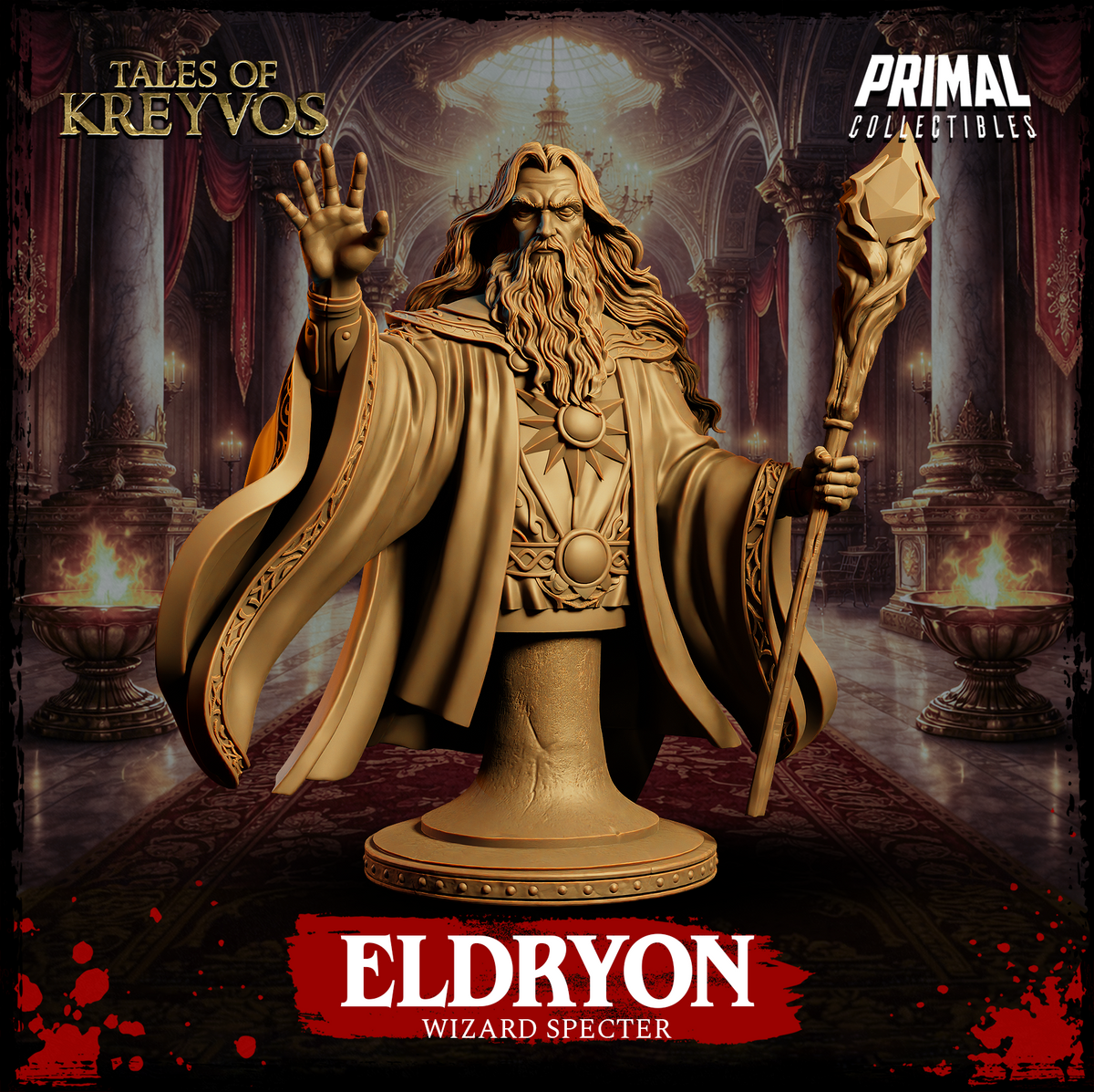 Eldryon Wizard Specter bust by Primal Collectibles — bearded elder wizard raising one splayed hand, gripping a gnarled crystal-topped staff, wearing layered robes with knotwork trim and sun medallion clasp.