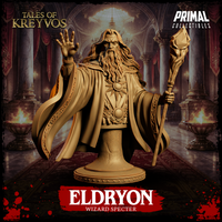 Eldryon Wizard Specter bust by Primal Collectibles — bearded elder wizard raising one splayed hand, gripping a gnarled crystal-topped staff, wearing layered robes with knotwork trim and sun medallion clasp.