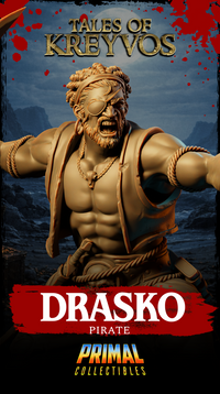 Full-body rear three-quarter view of Pirate Drasko miniature, showing back musculature, tattered vest edges, rope-wrapped ankles, and the coiled-rope and skull scenic base from behind. Sculpt by Primal Collectibles.