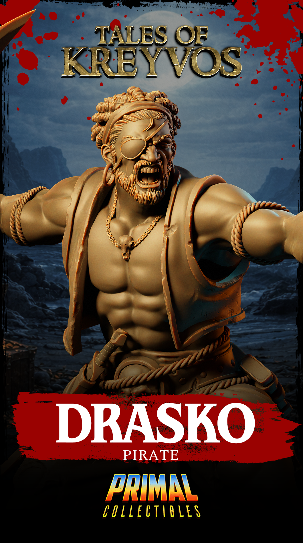 Full-body rear three-quarter view of Pirate Drasko miniature, showing back musculature, tattered vest edges, rope-wrapped ankles, and the coiled-rope and skull scenic base from behind. Sculpt by Primal Collectibles.
