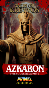 Rear three-quarter view of Azkaron sorcerer mummy showing the back of the pharaonic crown, draped robe fabric with incised decorative borders, and the crumbled masonry scenic base. Sculpt by Primal Collectibles.