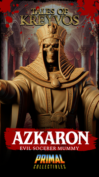Rear three-quarter view of Azkaron sorcerer mummy showing the back of the pharaonic crown, draped robe fabric with incised decorative borders, and the crumbled masonry scenic base. Sculpt by Primal Collectibles.