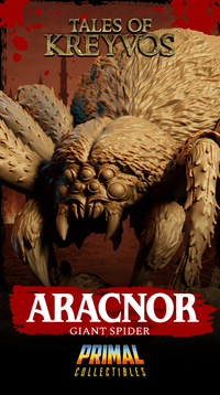 Full sculpt of Aracnor the giant spider by Primal Collectibles on its decorative scenic base — skulls, rubble, and a wrapped humanoid figure visible beneath the crouched body.