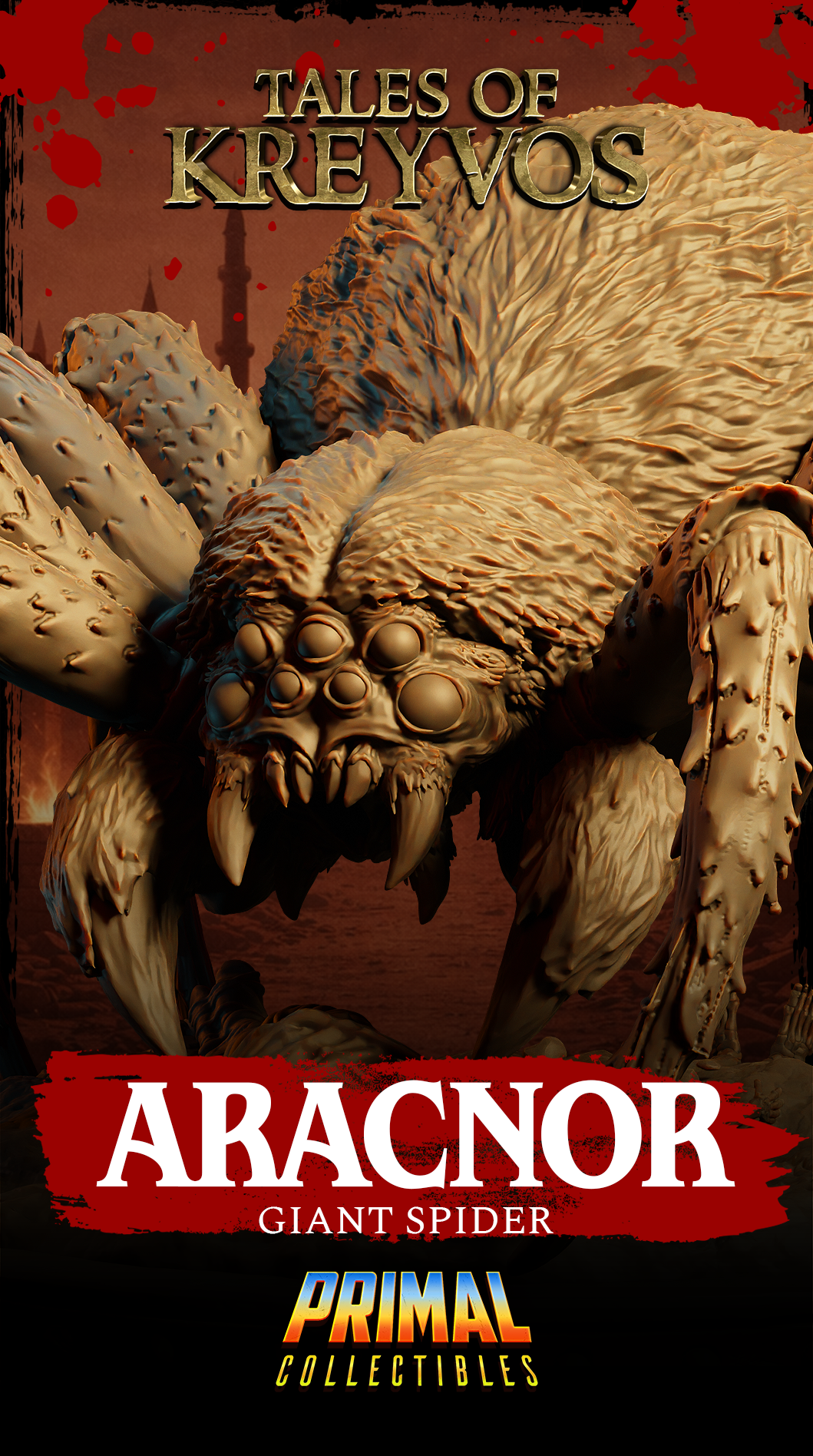 Full sculpt of Aracnor the giant spider by Primal Collectibles on its decorative scenic base — skulls, rubble, and a wrapped humanoid figure visible beneath the crouched body.