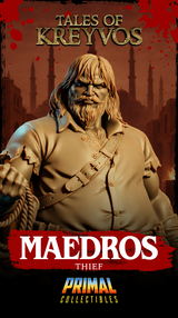 Maedros the Thief full figure — grim-faced thief in ragged shirt with one foot raised on broken stone, grappling hook and rope in fist, watchful expression. Sculpt by Primal Collectibles.