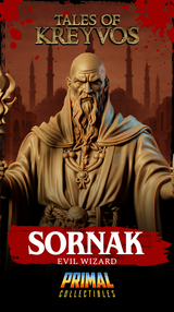 Full figure render of Sornak, evil wizard from the Tales of Kreyvos range, shown in flowing robes on a skull-scattered decorative base with forked staff planted firmly at his side. Sculpt by Primal Collectibles.