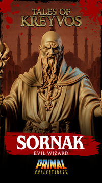 Full figure render of Sornak, evil wizard from the Tales of Kreyvos range, shown in flowing robes on a skull-scattered decorative base with forked staff planted firmly at his side. Sculpt by Primal Collectibles.