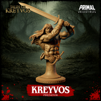 Front three-quarter view of the Kreyvos Predator display bust — an unprinted resin sculpt of a bare-chested barbarian man with long flowing hair, roaring with mouth wide open, both hands gripping a broad sword raised high overhead, wearing a riveted belt with a medallion buckle and a second blade at his hip, mounted on a textured column plinth