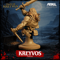 Kreyvos pirate bust by Primal Collectibles — rear view showing wild flowing long hair, tattered open coat with visible back detailing, satchel and pouch on belt, left hand gripping a dagger, right arm raised overhead with sword hilt visible, decorative base.