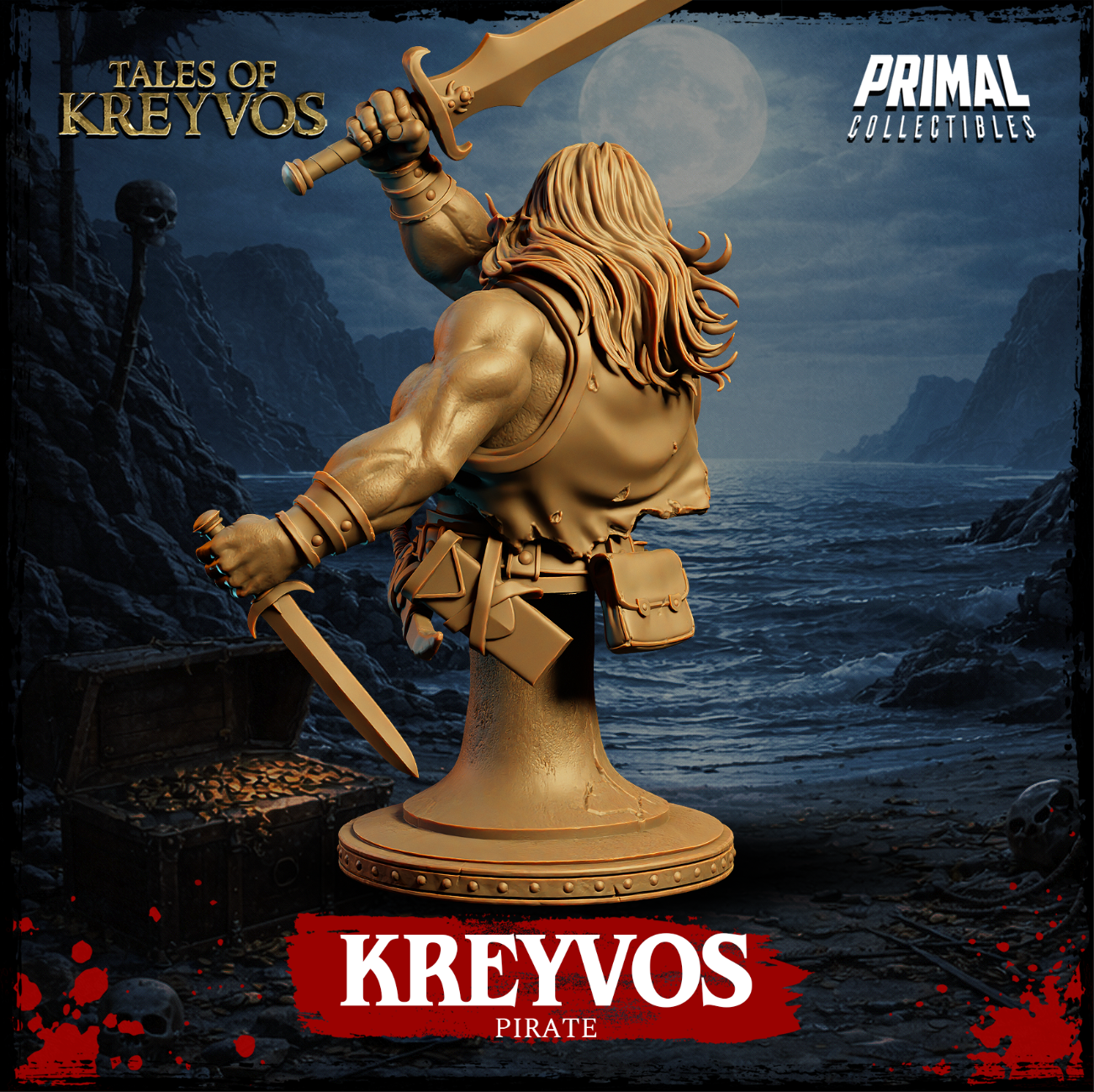 Kreyvos pirate bust by Primal Collectibles — rear view showing wild flowing long hair, tattered open coat with visible back detailing, satchel and pouch on belt, left hand gripping a dagger, right arm raised overhead with sword hilt visible, decorative base.