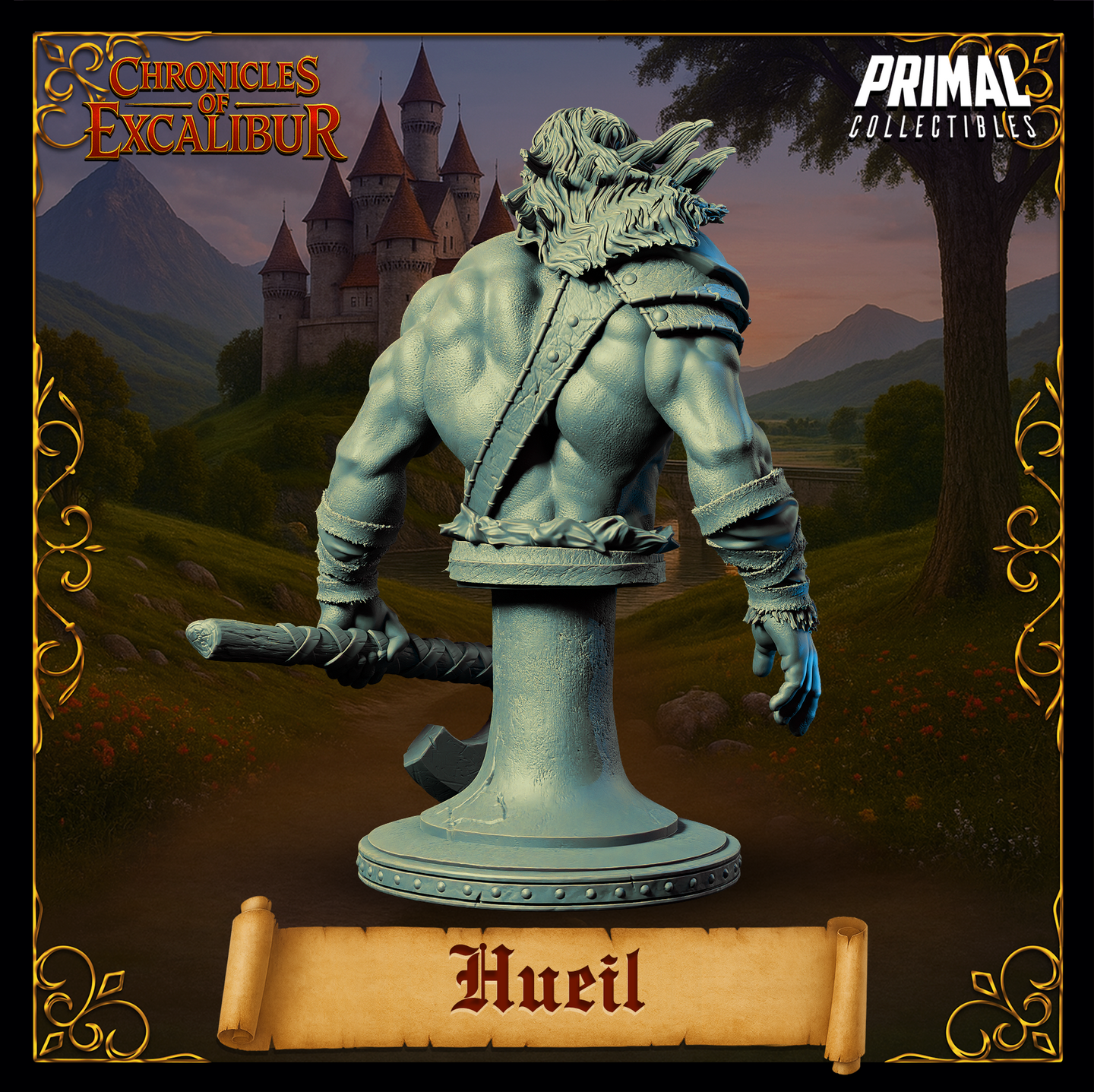 Rear view of Hueil warrior bust — unpainted grey resin digital render showing the back of a broad-shouldered bearded warrior with windswept hair, crossed leather back straps with studded detailing, wrapped forearms, and the butt of a war axe visible at the lower right
