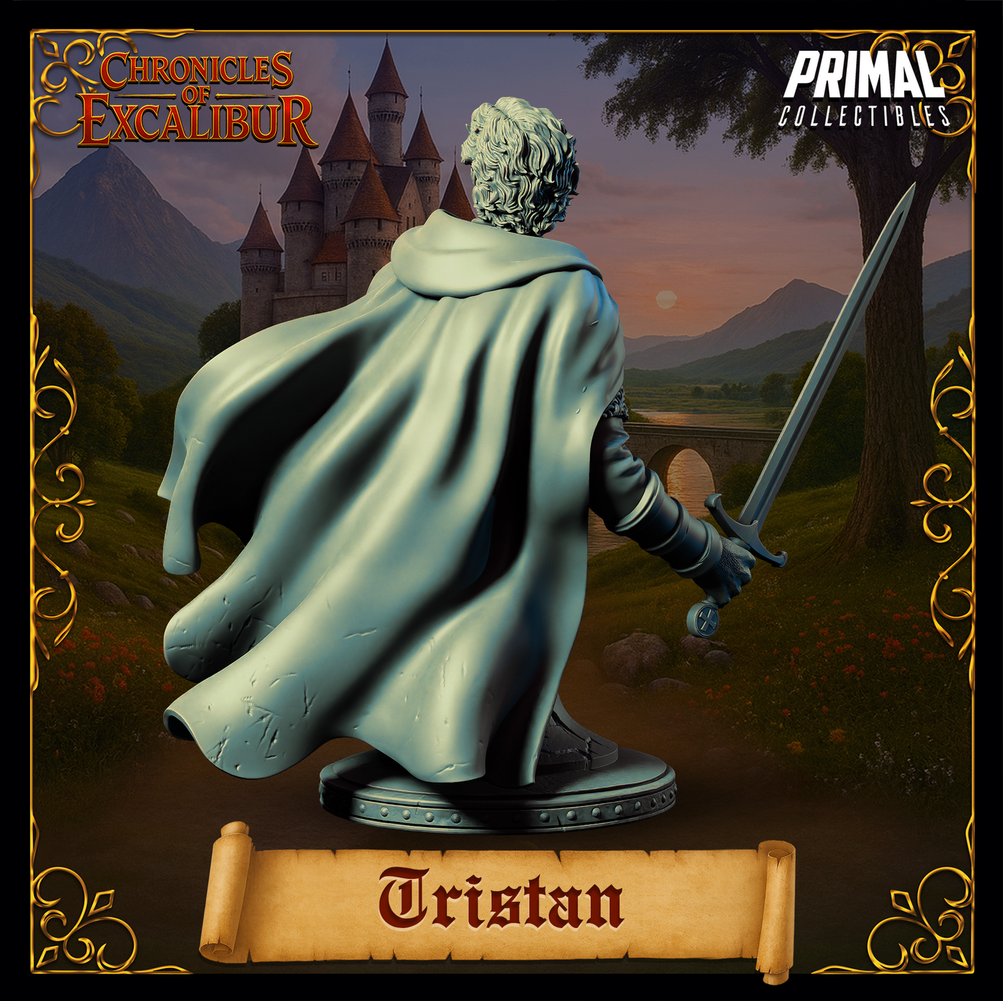 Rear view of Tristan knight bust digital render — unpainted grey resin showing full cloak drape and texture, longsword visible over right shoulder, circular base with studded rim detail