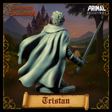 Rear view of Tristan knight bust digital render — unpainted grey resin showing full cloak drape and texture, longsword visible over right shoulder, circular base with studded rim detail