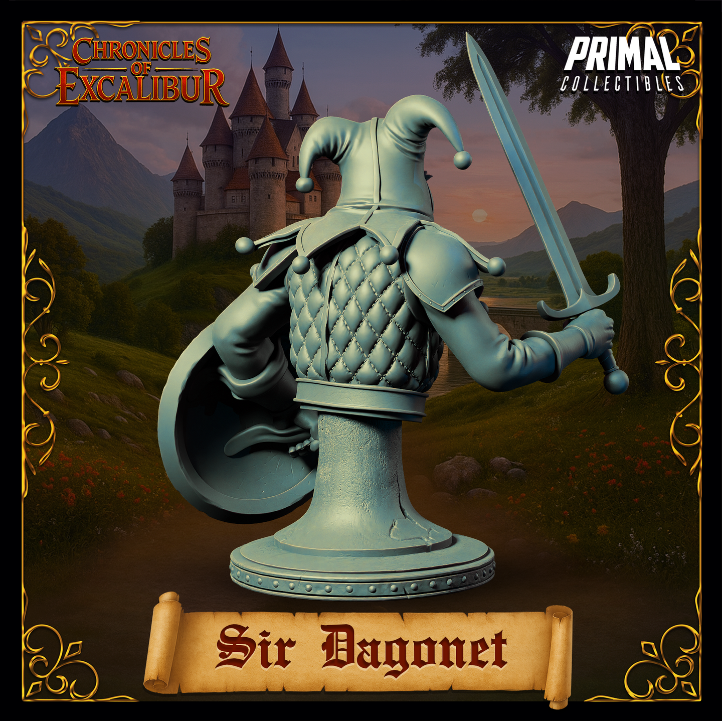 Rear three-quarter view of Sir Dagonet bust render — showing the back detail of the jester cowl, quilted diamond-pattern armour, shield reverse, and sword grip, all in unpainted grey resin on a plinth base