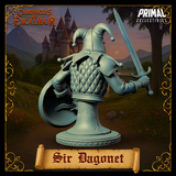 Rear three-quarter view of Sir Dagonet bust render — showing the back detail of the jester cowl, quilted diamond-pattern armour, shield reverse, and sword grip, all in unpainted grey resin on a plinth base