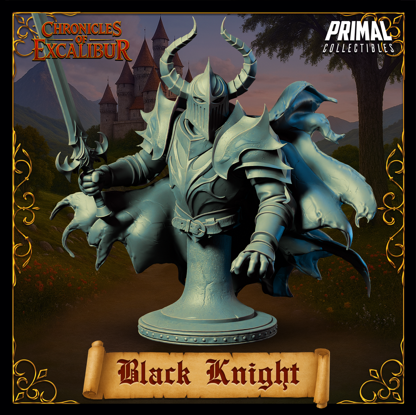 Front-facing digital render of the Black Knight Bust from Chronicles of Excalibur — horned great helm with narrow visor, jagged pauldrons, cursed sword raised in right hand, ghostly hand reaching forward, and a tattered spectral cloak with claw-tipped tendrils spreading to either side. Unpainted grey resin render on a decorative round plinth.