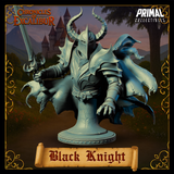 Front-facing digital render of the Black Knight Bust from Chronicles of Excalibur — horned great helm with narrow visor, jagged pauldrons, cursed sword raised in right hand, ghostly hand reaching forward, and a tattered spectral cloak with claw-tipped tendrils spreading to either side. Unpainted grey resin render on a decorative round plinth.