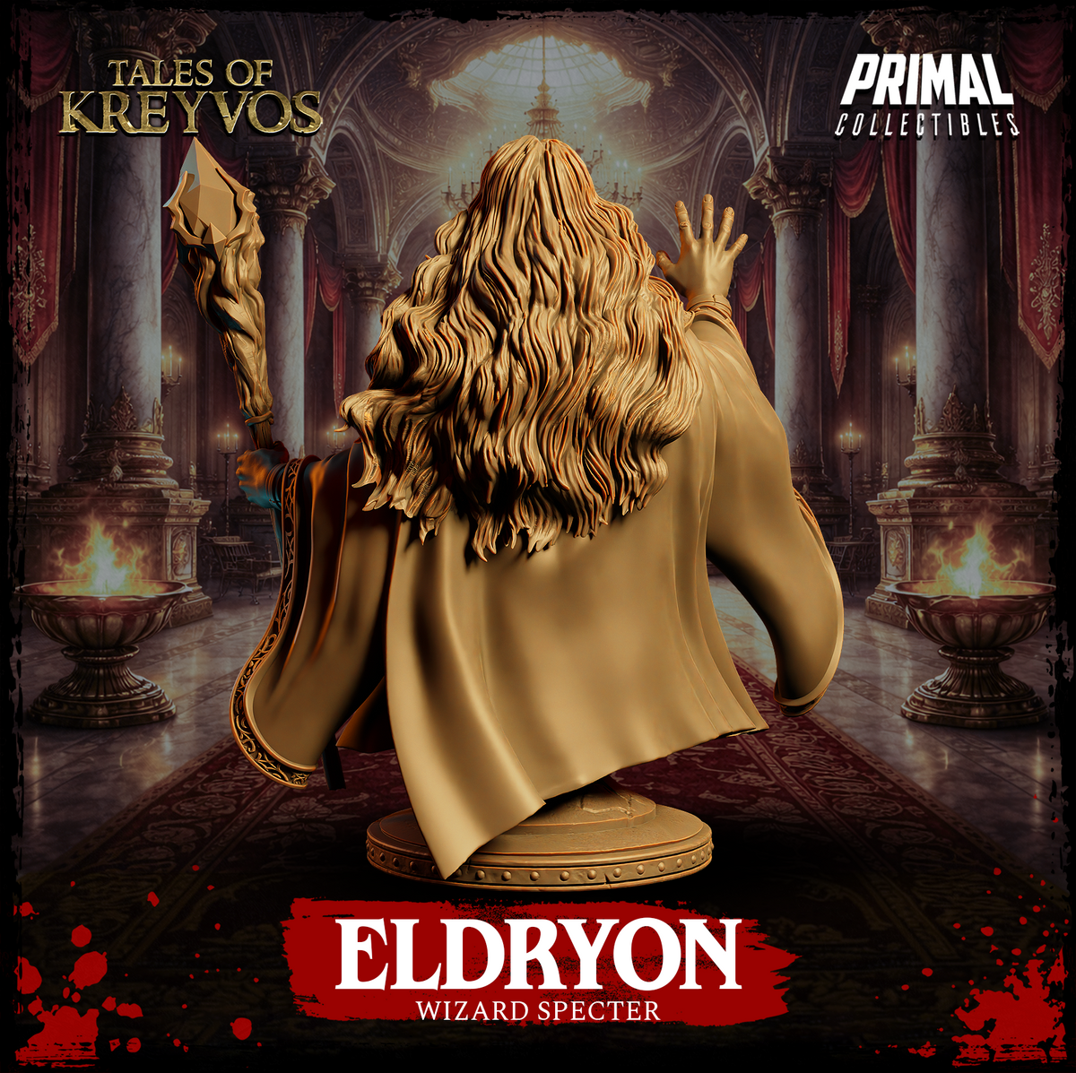 Eldryon Wizard Specter bust by Primal Collectibles — rear of the bust showing long flowing wavy hair in exceptional sculpted detail, wide cloak with ornamental border, raised staff hand visible over the right shoulder.