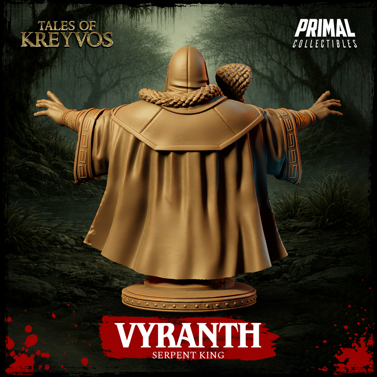 Rear view of Vyranth the Serpent King display bust showing the full sweep of his ceremonial cloak, braided serpent draped across his back, key-fret embroidered sleeve borders, and hooded headdress. Unpainted golden resin render from Primal Collectibles, Tales of Kreyvos.