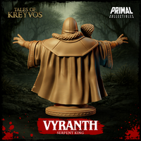 Rear view of Vyranth the Serpent King display bust showing the full sweep of his ceremonial cloak, braided serpent draped across his back, key-fret embroidered sleeve borders, and hooded headdress. Unpainted golden resin render from Primal Collectibles, Tales of Kreyvos.