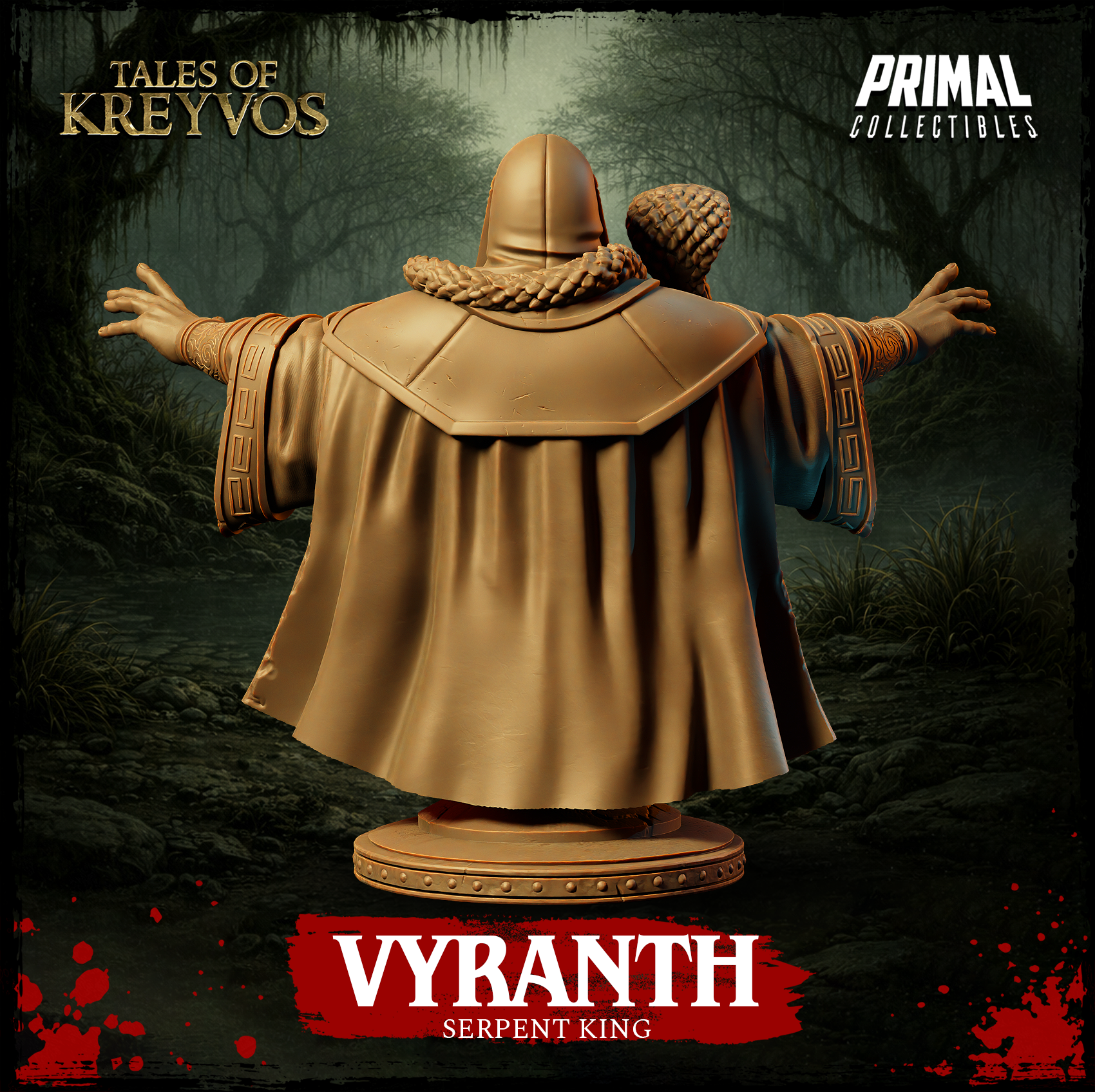 Rear view of Vyranth the Serpent King display bust showing the full sweep of his ceremonial cloak, braided serpent draped across his back, key-fret embroidered sleeve borders, and hooded headdress. Unpainted golden resin render from Primal Collectibles, Tales of Kreyvos.