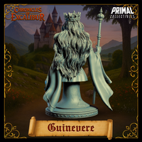 Rear view of the Guinevere bust miniature from Chronicles of Excalibur — unpainted grey resin digital render highlighting the richly detailed cascading hair texture, ornate crown, and sceptre held in the right hand, on a round pedestal base