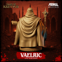 Vaelric Evil Sorcerer bust by Primal Collectibles — rear view showing the heavy layered cloak cascading in deep folds from the hooded head, staff raised above shoulder height behind him.