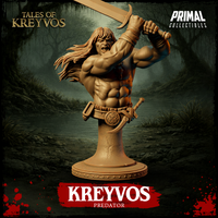 Front-facing view of the Kreyvos Predator display bust showing the full front detail — unprinted resin barbarian figure mid war cry with sword raised above his head in a two-handed grip, cord-wrapped forearms, engraved belt, and second sheathed blade visible at the hip, on a studded circular plinth base
