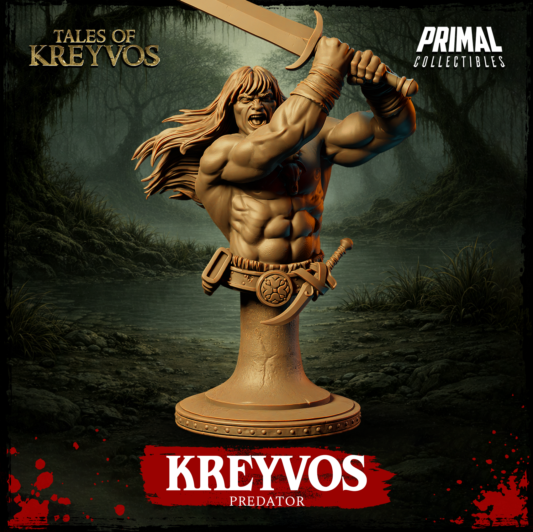 Front-facing view of the Kreyvos Predator display bust showing the full front detail — unprinted resin barbarian figure mid war cry with sword raised above his head in a two-handed grip, cord-wrapped forearms, engraved belt, and second sheathed blade visible at the hip, on a studded circular plinth base