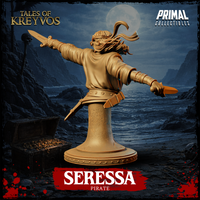 Seressa pirate bust by Primal Collectibles seen from behind, both arms extended wide with a dagger in each hand, headscarf and loose hair spreading outward, studded belt and layered jacket visible across the back, mounted on a textured column base.