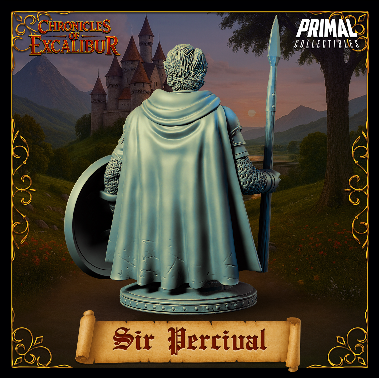 Rear view digital render of Sir Percival bust miniature, unpainted grey resin, showing sweeping travel cloak in fine fabric folds, chainmail gauntlets on both arms, and spear held upright — Chronicles of Excalibur by Primal Collectibles