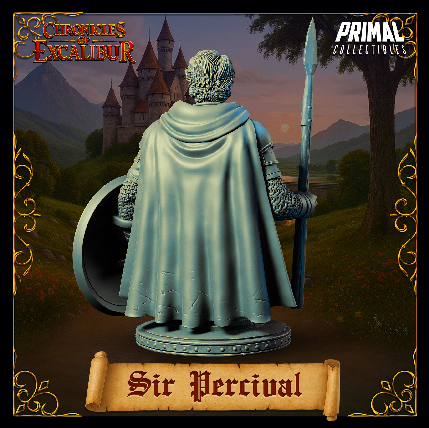 Rear view digital render of Sir Percival bust miniature, unpainted grey resin, showing sweeping travel cloak in fine fabric folds, chainmail gauntlets on both arms, and spear held upright — Chronicles of Excalibur by Primal Collectibles
