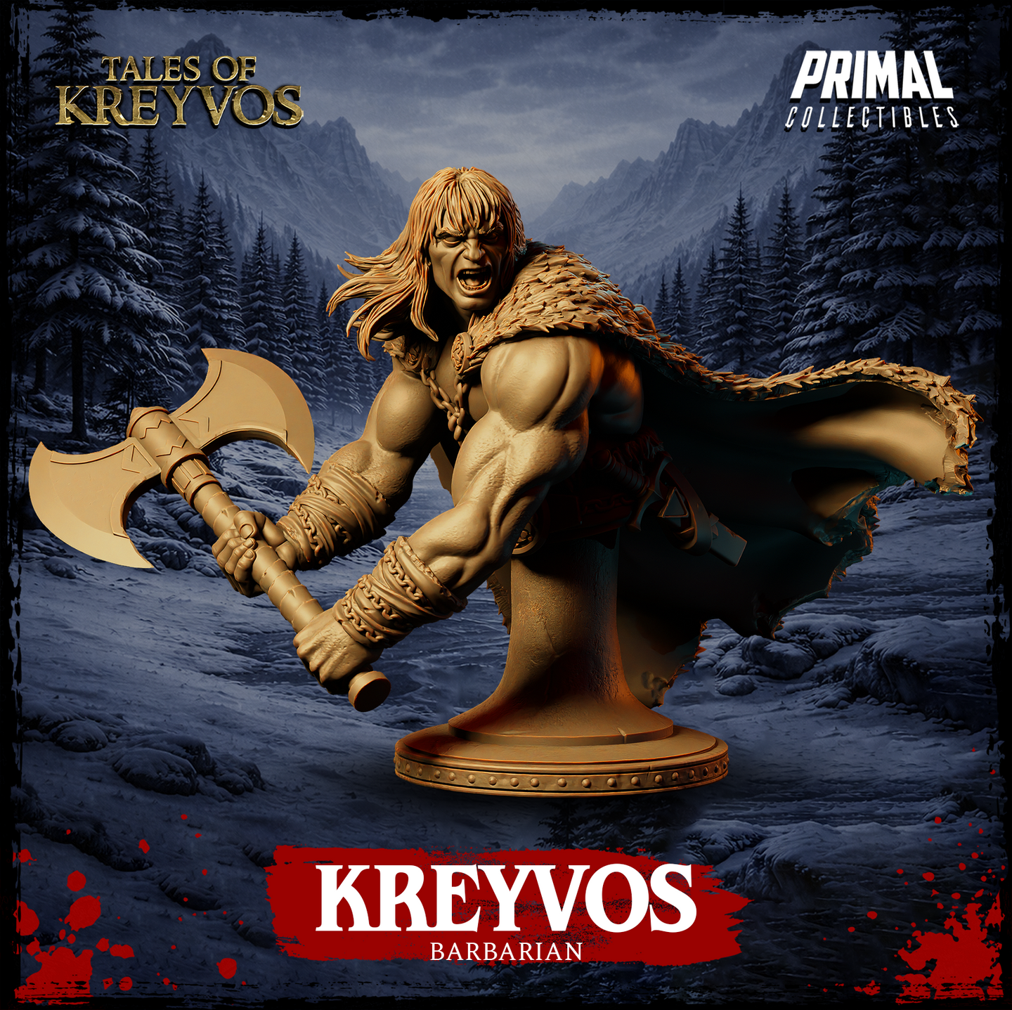 Digital render of the Kreyvos barbarian display bust — front-facing view highlighting the muscular torso, wild streaming hair, chain-wrapped axe grip, tribal knotwork wrist accessories, and layered feathered cloak caught mid-motion, mounted on a broad studded circular plinth