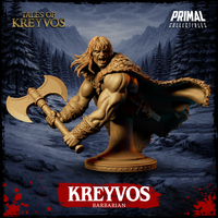 Digital render of the Kreyvos barbarian display bust — front-facing view highlighting the muscular torso, wild streaming hair, chain-wrapped axe grip, tribal knotwork wrist accessories, and layered feathered cloak caught mid-motion, mounted on a broad studded circular plinth
